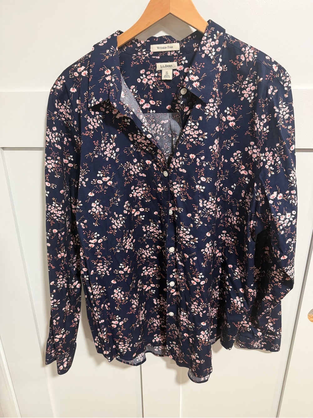 L.L.Bean Navy Blouse with Pink Floral Print